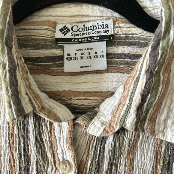 Columbia Button Up Blouse Womens XL Striped Green Tan Long Sleeve Crinkle Crepe - Picture 2 of 5